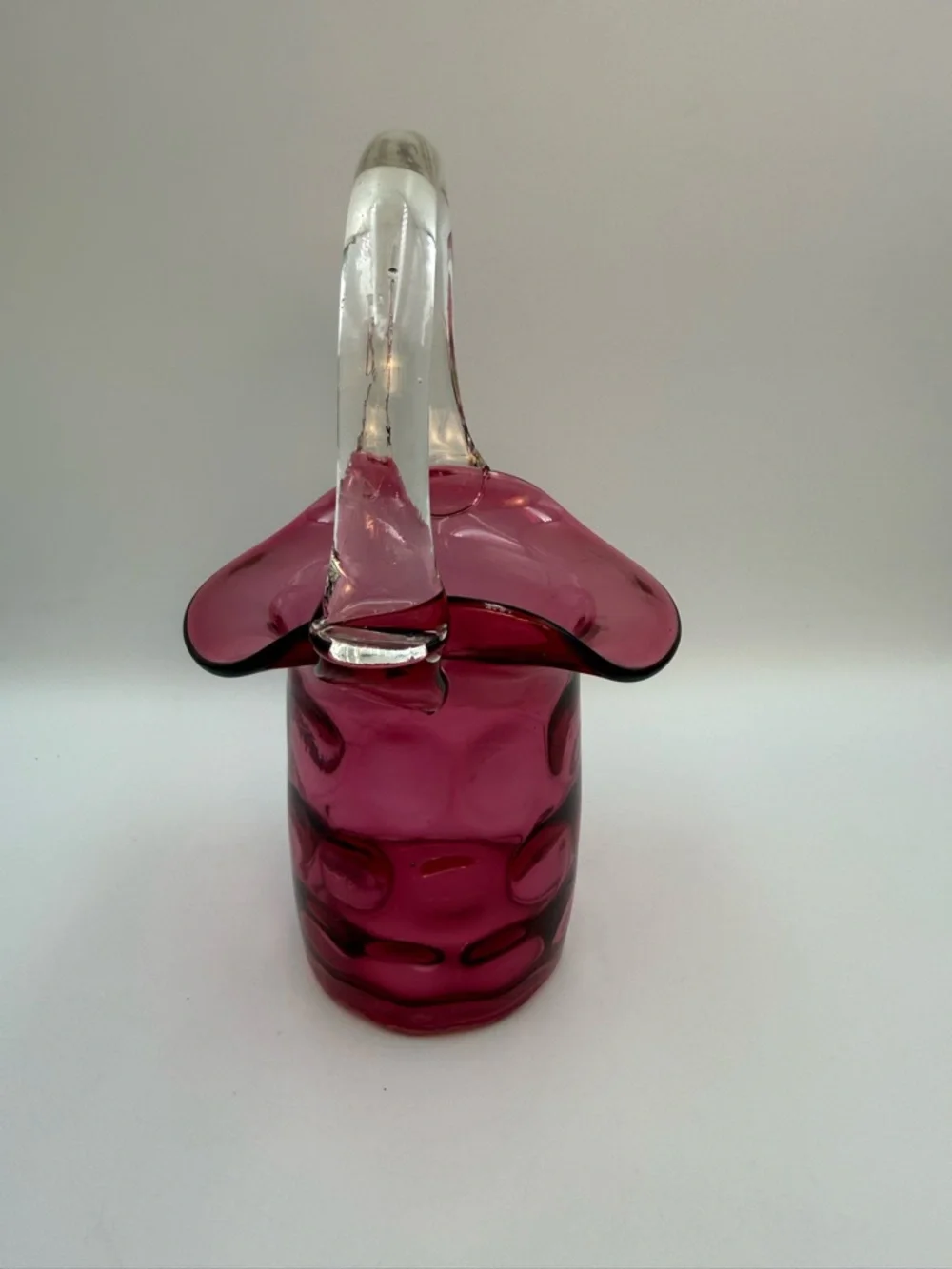 Vintage Cranberry Basket Inverted thumbprint dot Clear Applied Handled - Picture 5 of 8